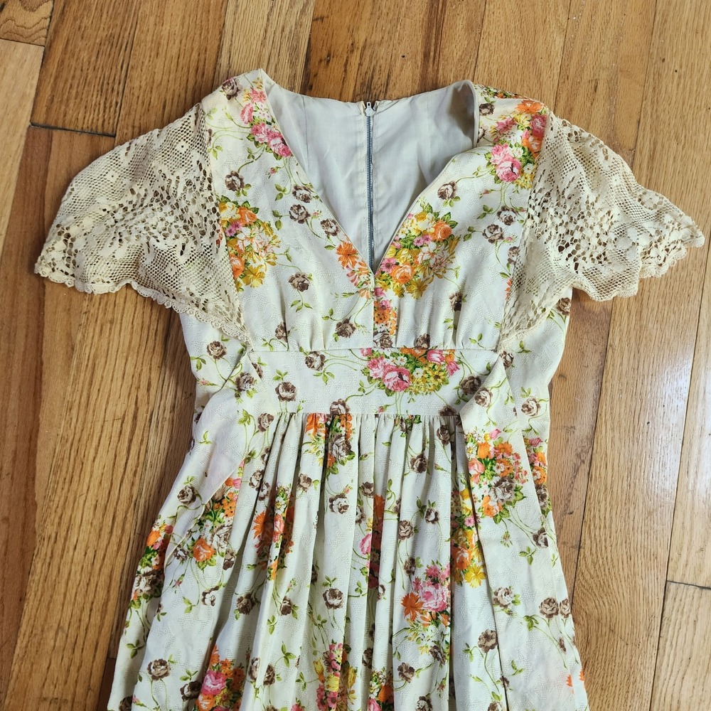 Vintage Handmade 70s Boho Dress Floral Lace Sleeves HOLES